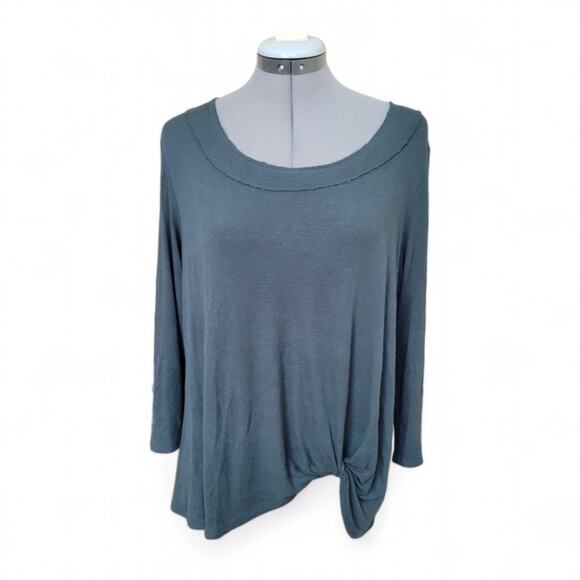 Knot Front Stretchy Long Sleeve Top Size Large Fine Ribbed Turquoise - Picture 5 of 6
